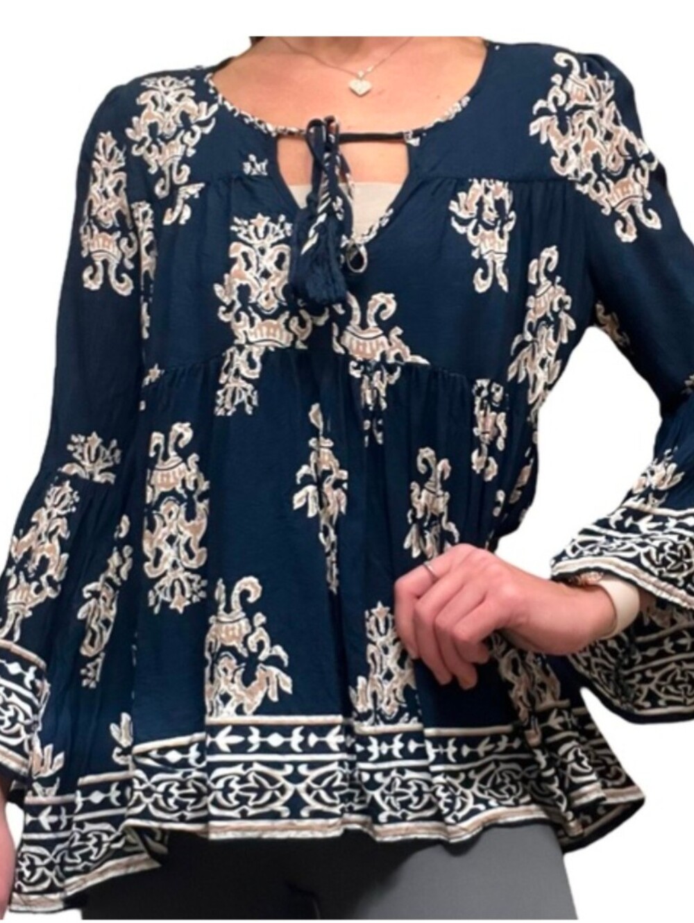 Bohemian Navy Paisley Top - Bell sleeves Baby Doll Style
